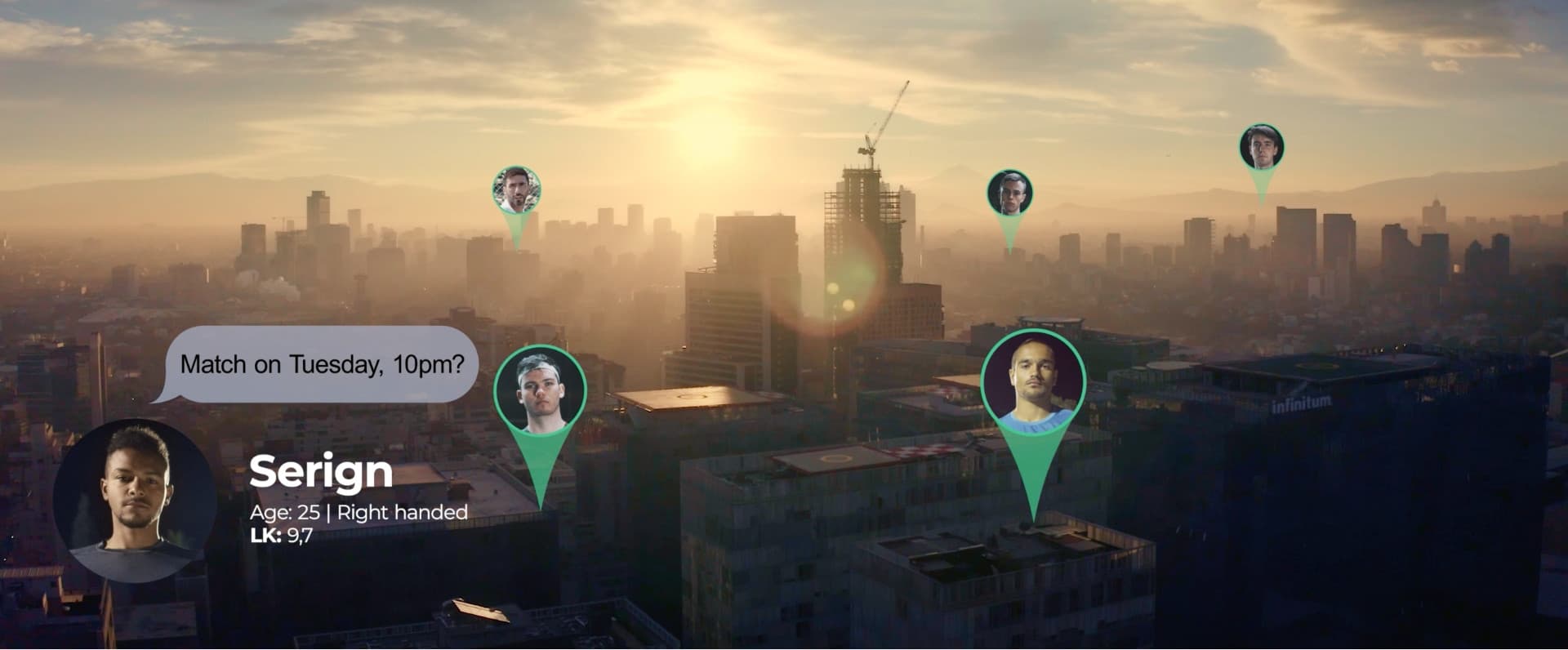 Skyline with tennis player.