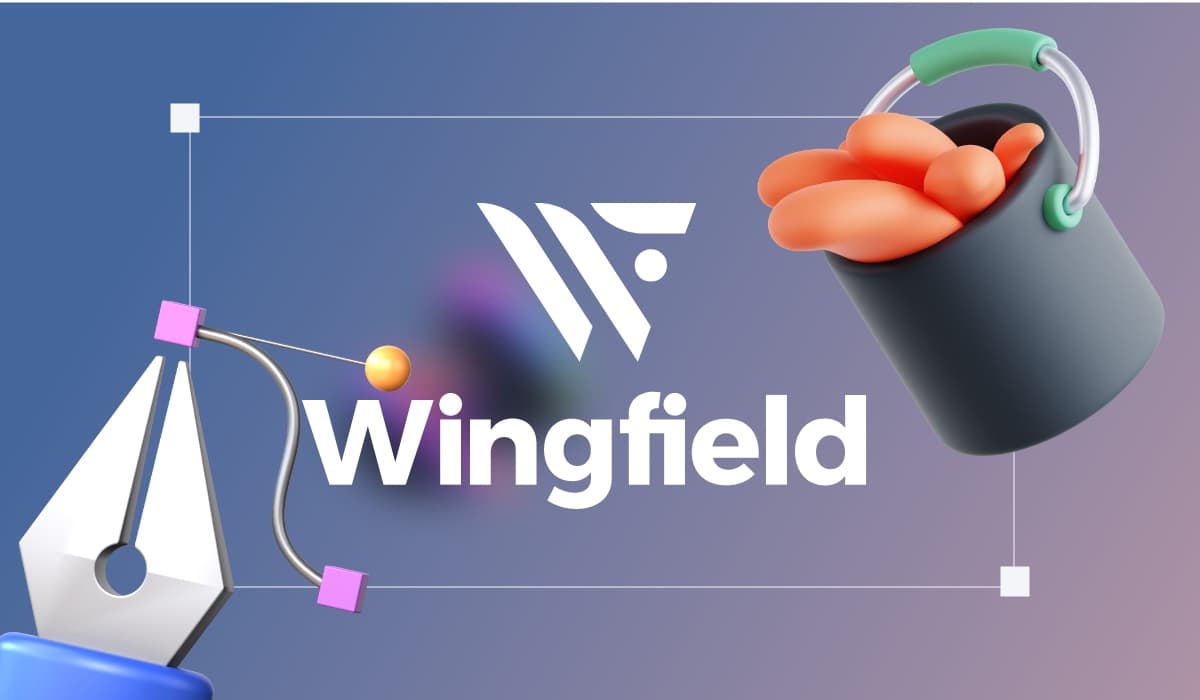 Wingfield Markenlogo mit Symbolen für Grafikdesign und Farbgestaltung